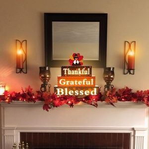 Thanksgiving Lighted Wooden Block Sign "Thankful Grateful Blessed "